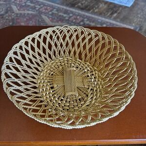 Opulence Gold Woven Rope Basket Decorative Round Lattice Bowl Centerpiece
